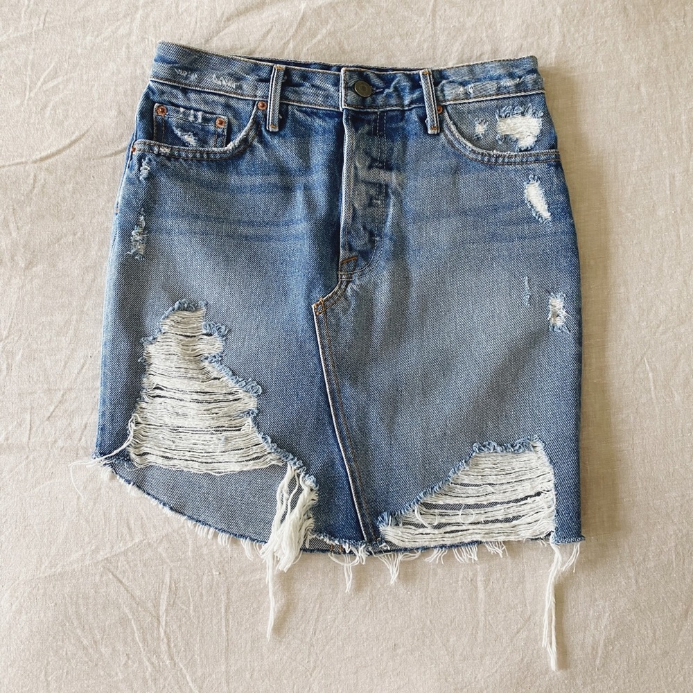 GRLFRND Rhoda Distressed Asymmetrical Denim Skirt